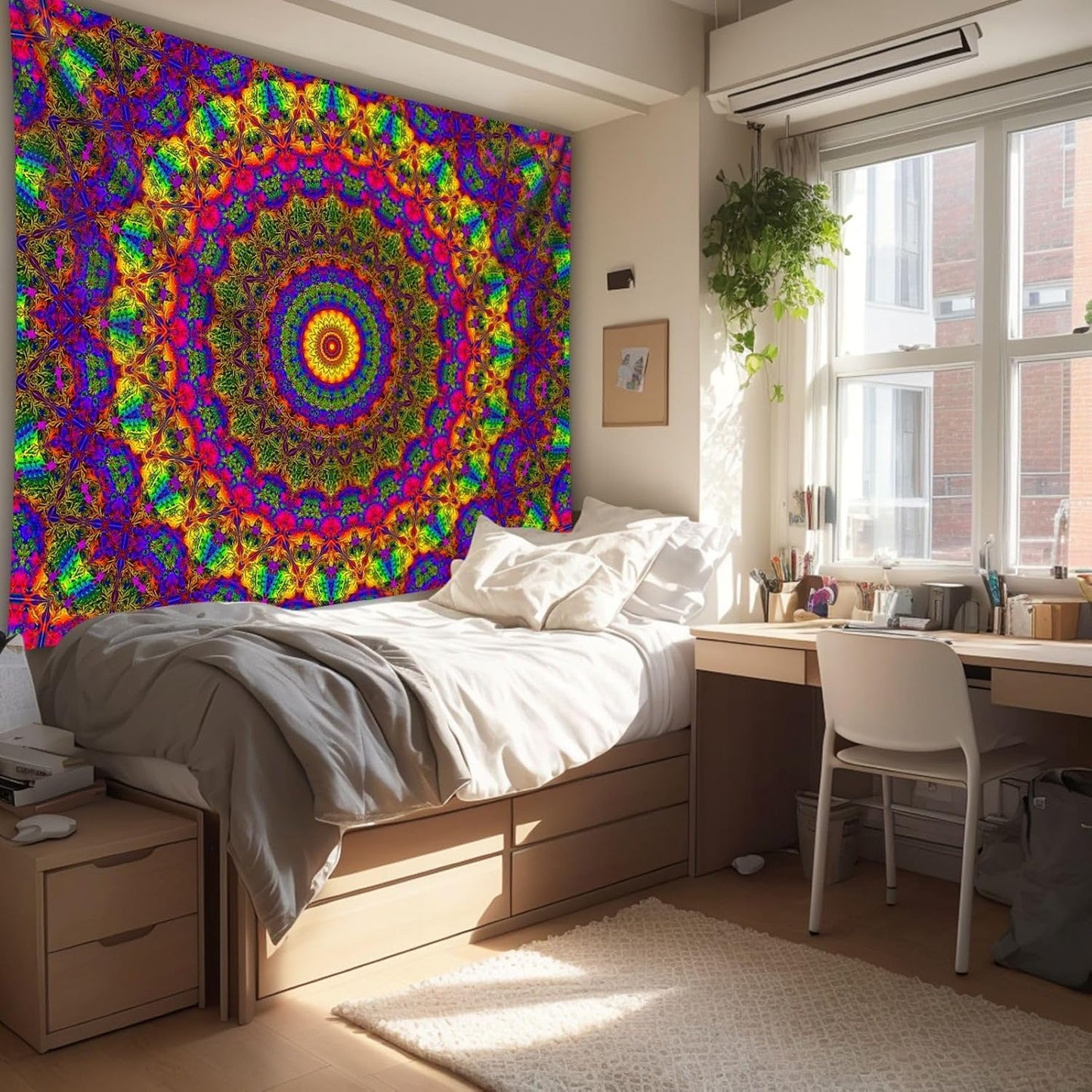 PSYHILAR Blacklight Mandala Boho Tapestry, Black Light Bohemian Hippie Poster for Adults and Teens, Aesthetic Colorful UV Reactive Wall Art Decor for Bedroom (80 x 60 Inches)