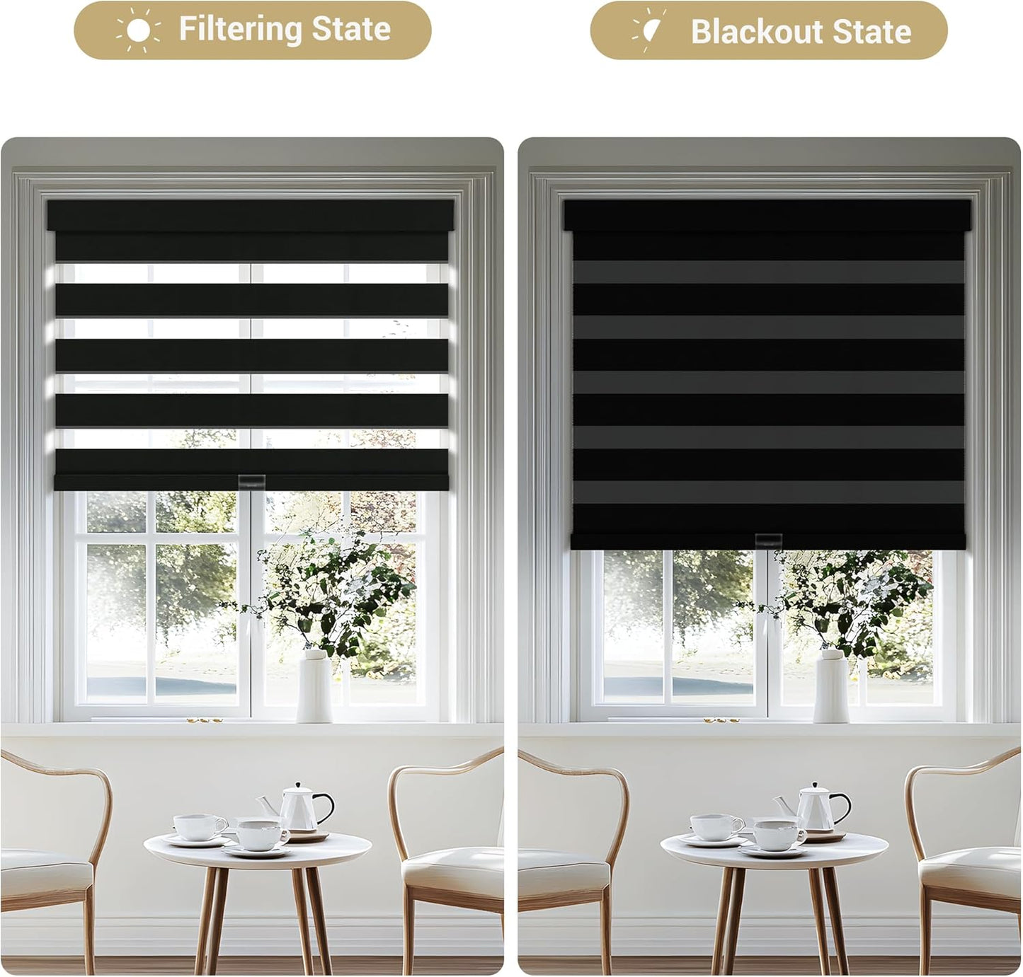 Cordless Zebra Blinds for Windows, Blackout Interior Blinds,Easy to Install,UV Protection,for Offices and Home,Custom Roller Shades, Solid Black, 76" W x 80" H
