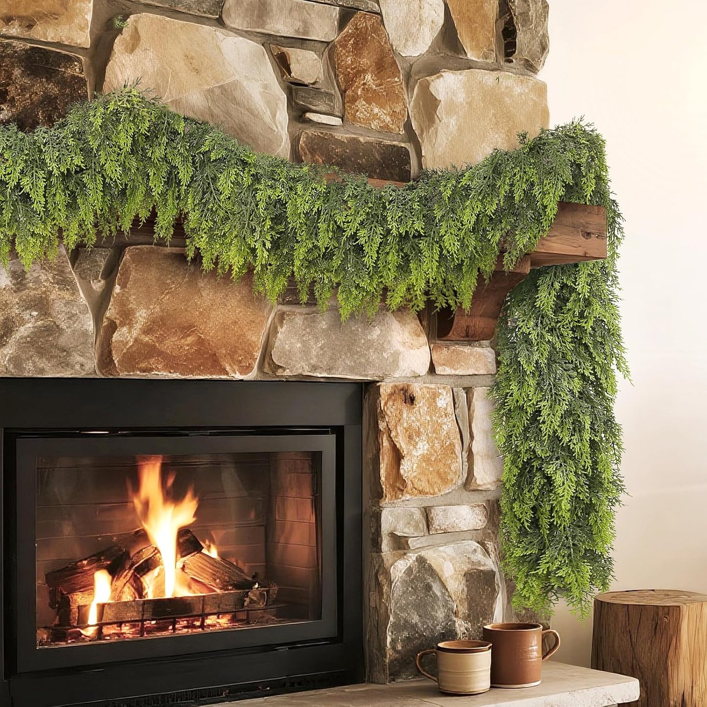 Real Touch Cedar Garland - Artificial Christmas Garlands Faux Green Cedar Fake Pine Needles Garland for Fireplace,Table, Stairs, Mantle, Window,Indoor Outdoor,Home,Holiday Decor(2 PCS,9 FT)