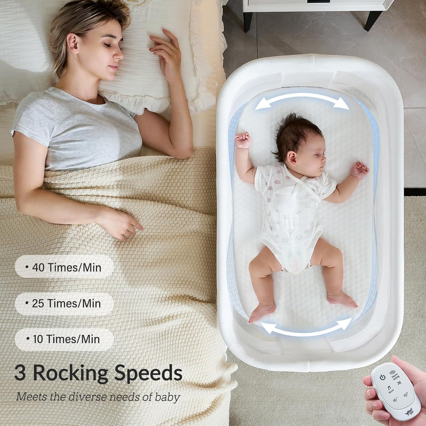 Rocking Bassinet for Baby 3 Speeds Electric Bedside Sleeper with White Noise, Automatic Bedside Crib for Newborn, Brownish-Yellow