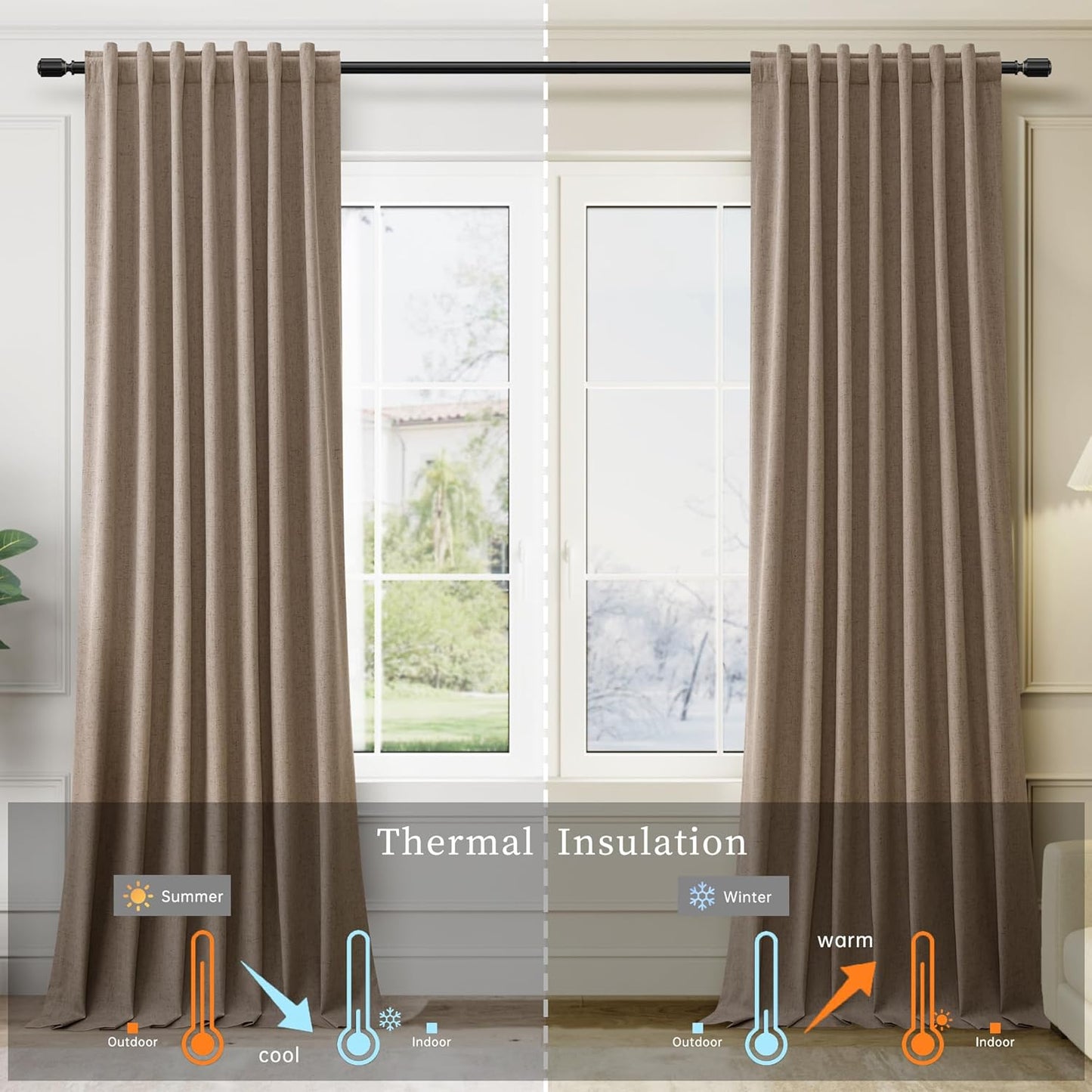 BOODII Full Blackout Curtains 90 Inches Long Room Darkening Curtain for Bedroom Sliding Door Thermal Insulated Black Out Curtains & Drapes Brown Neutral Linen 2 Panels Set Back Tab 52x90