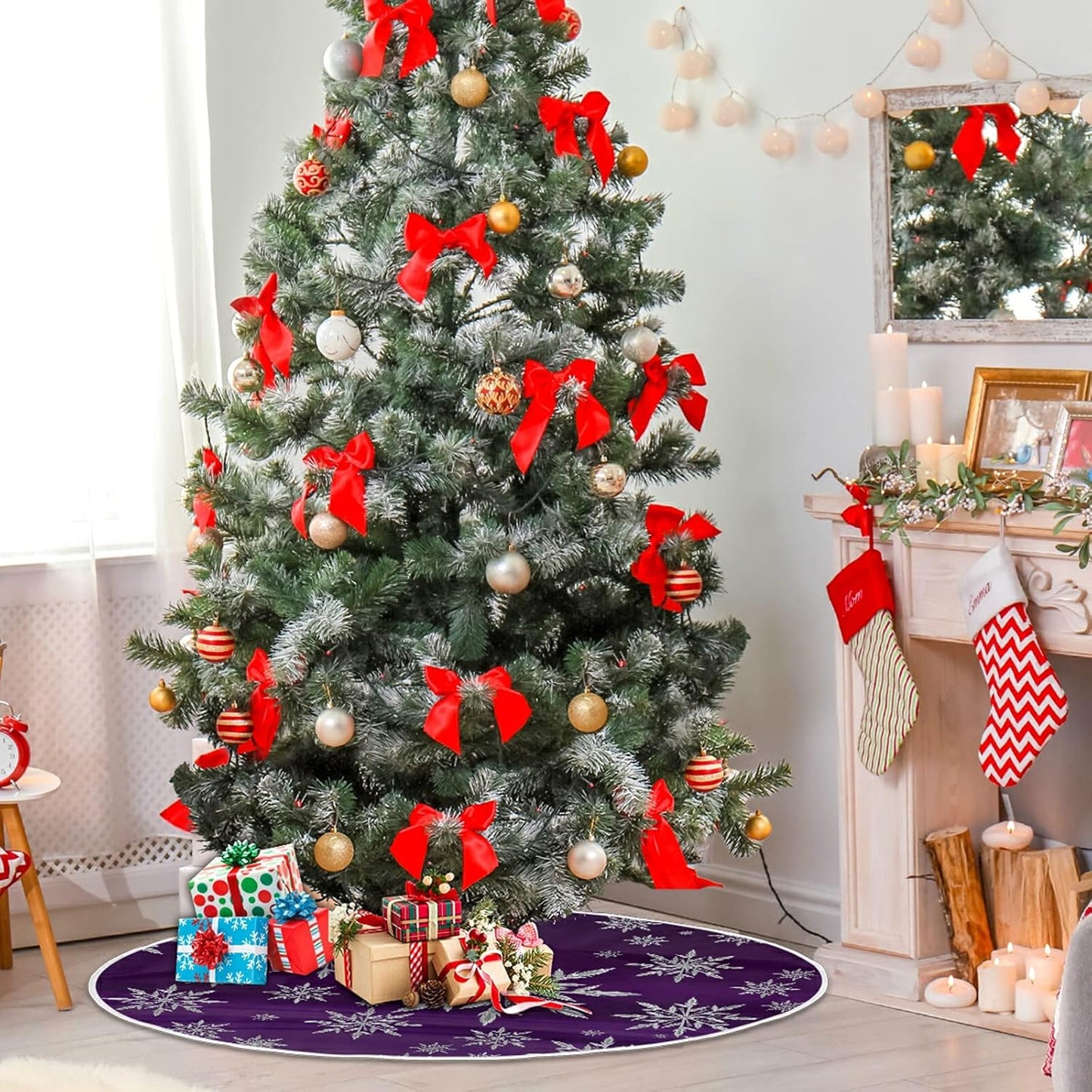 Christmas Snowflake Purple Tree Skirt, Seasonal Tree Mat Holiday Party Supplies Ornaments Indoor Outdoor Decorations for Tabletop Trees 47.2 Inches