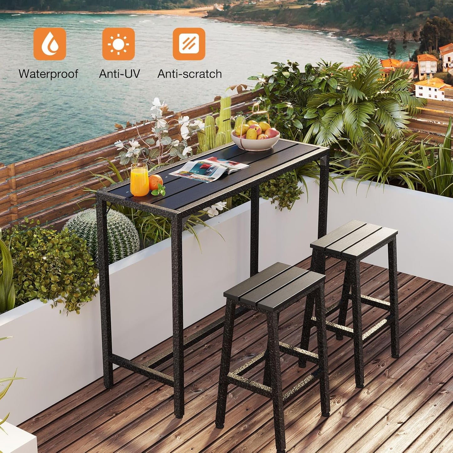 ODK 47 Inch Outdoor Bar Table, Patio Counter Bar Height Table with Weather Resistant Waterproof Top for Garden, Hot Tub, Yard, Balcony, Poolside, Indoor (Black)
