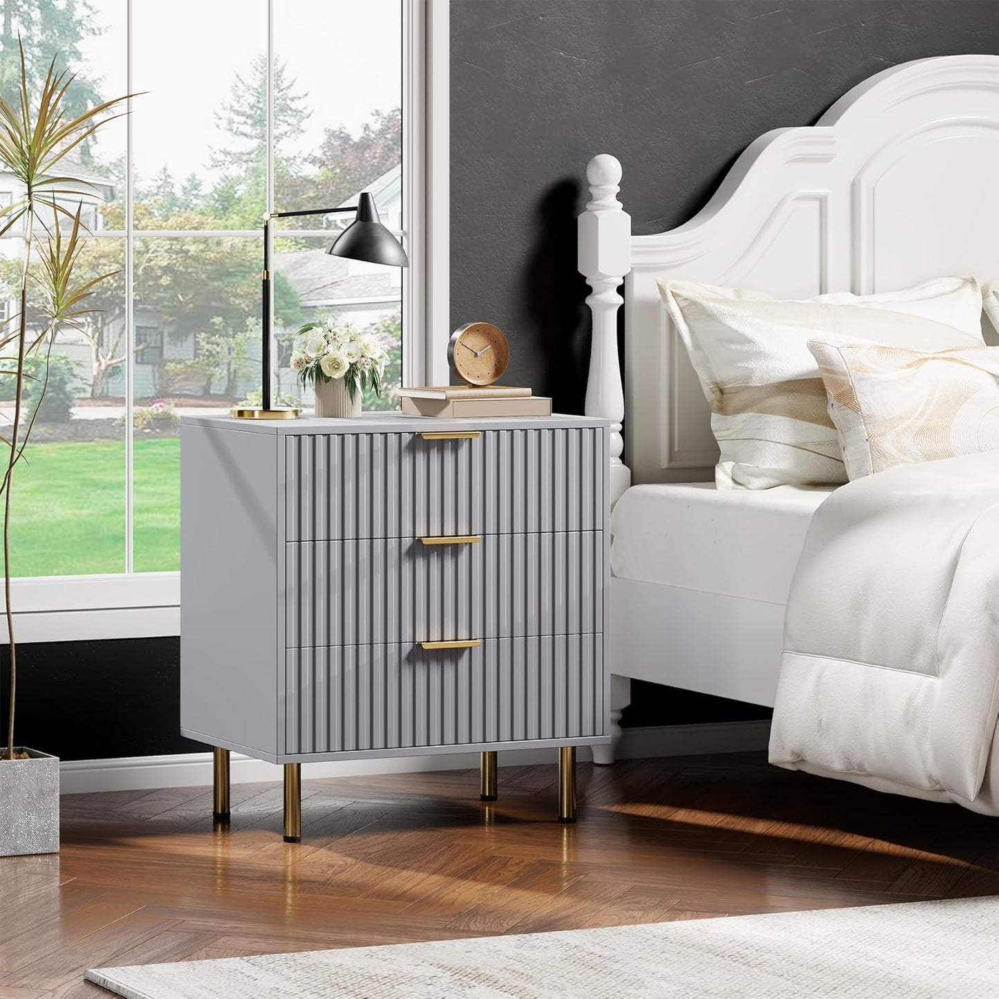 3 Drawer Dresser for Bedroom, Fluted Modern Nightstand with Deep Drawers, Chest of Drawers with Wide Top, Wooden Dresser Organizer, Side Table for Living Room, Hallway, Kids Room, Grey