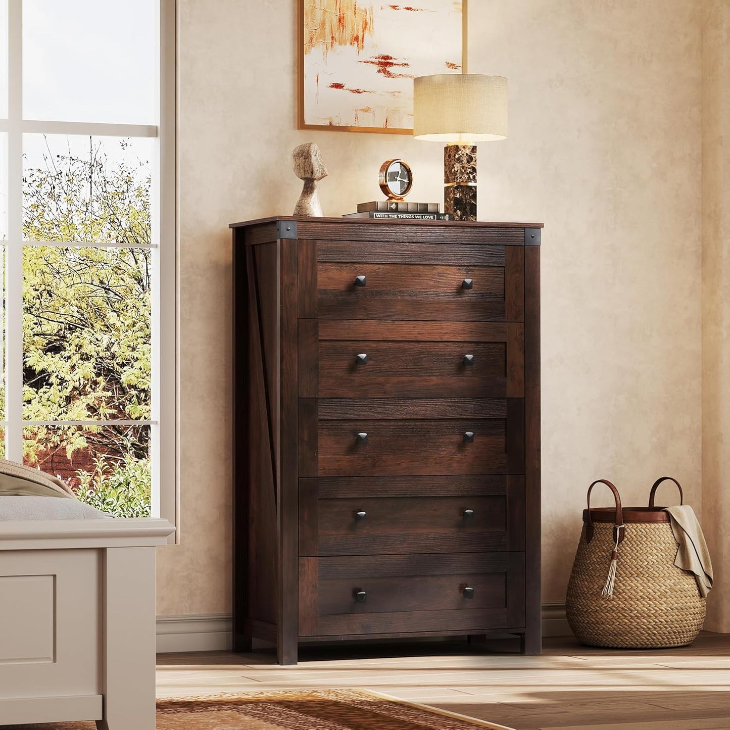 WLIVE Farmhouse Brown Dresser for Bedroom, 5 Drawer Dresser Storage Organizer, Tall Wood Dressers with Double Rustic Handle, Chest of Drawers for Living Room, Hallway, Closet