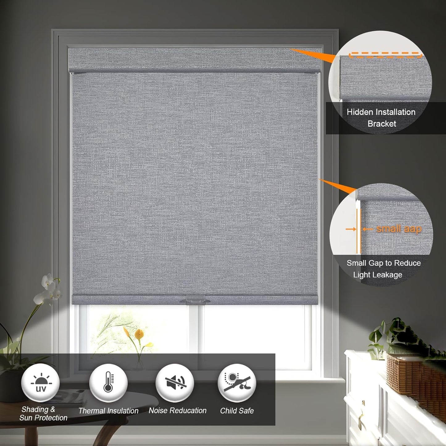 Persilux Blackout Roller Shades for Indoor Windows with Upgraded Cassette, Cordless Shades Window Blinds Pull Down for Doors, Easy to Install for Office/Living Room/Bedroom, Grey(60" W x 84" H)