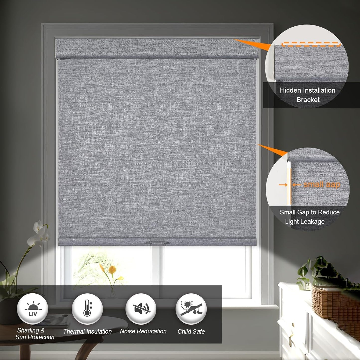 Persilux Blackout Roller Shades for Indoor Windows with Upgraded Cassette, Cordless Shades Window Blinds Pull Down for Doors, Easy to Install for Office/Living Room/Bedroom, Grey(87.5" W x 96" H)