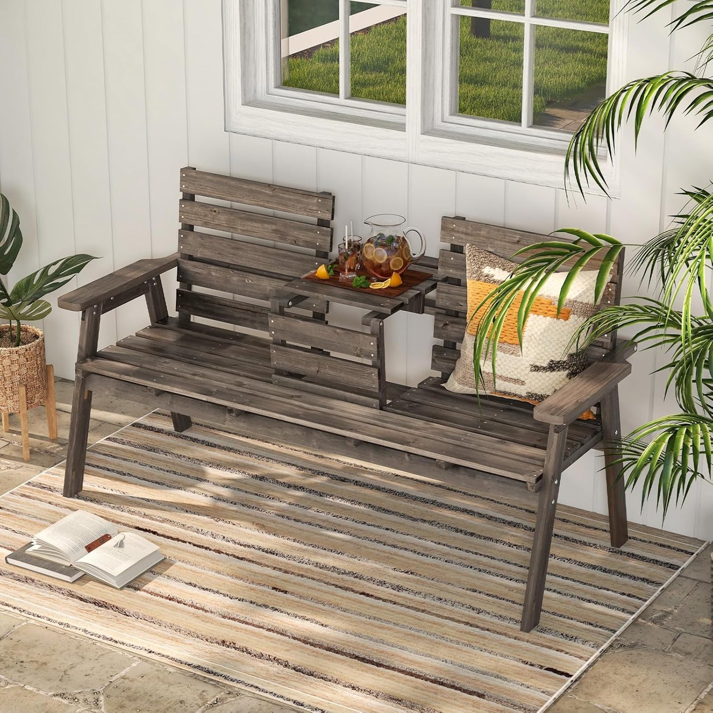Tangkula Outdoor Fir Wood Bench with Foldable Middle Table, 2-3 Person Garden Bench with Backrest and Armrests, 710 lbs Weight Capacity, Slatted Seat Bench for Porch, Patio, Backyard