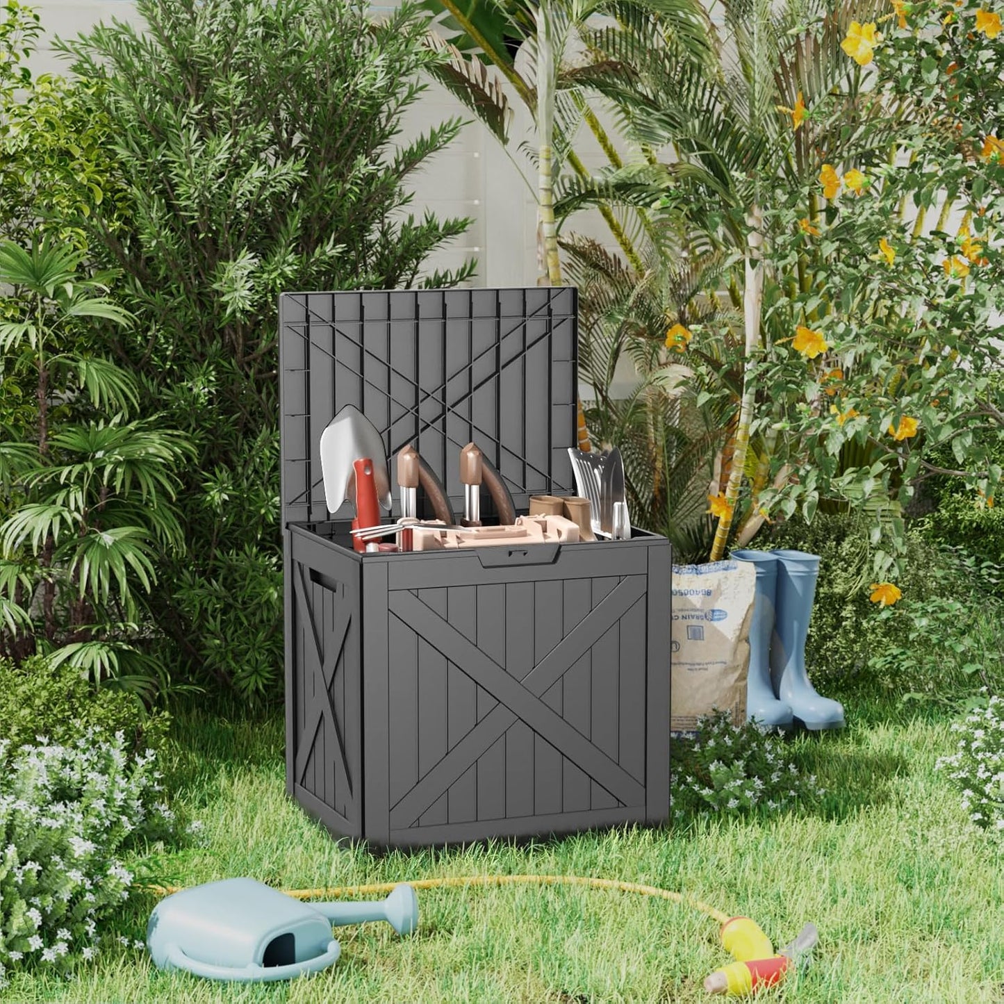 Vixzen 32 Gallon Outdoor Deck Box,Lockable Resin Waterproof Storage Box,UV Resistant,Weather Resistance,Outside Storage Bin for Gardening Tools,Pool Supplies,Black