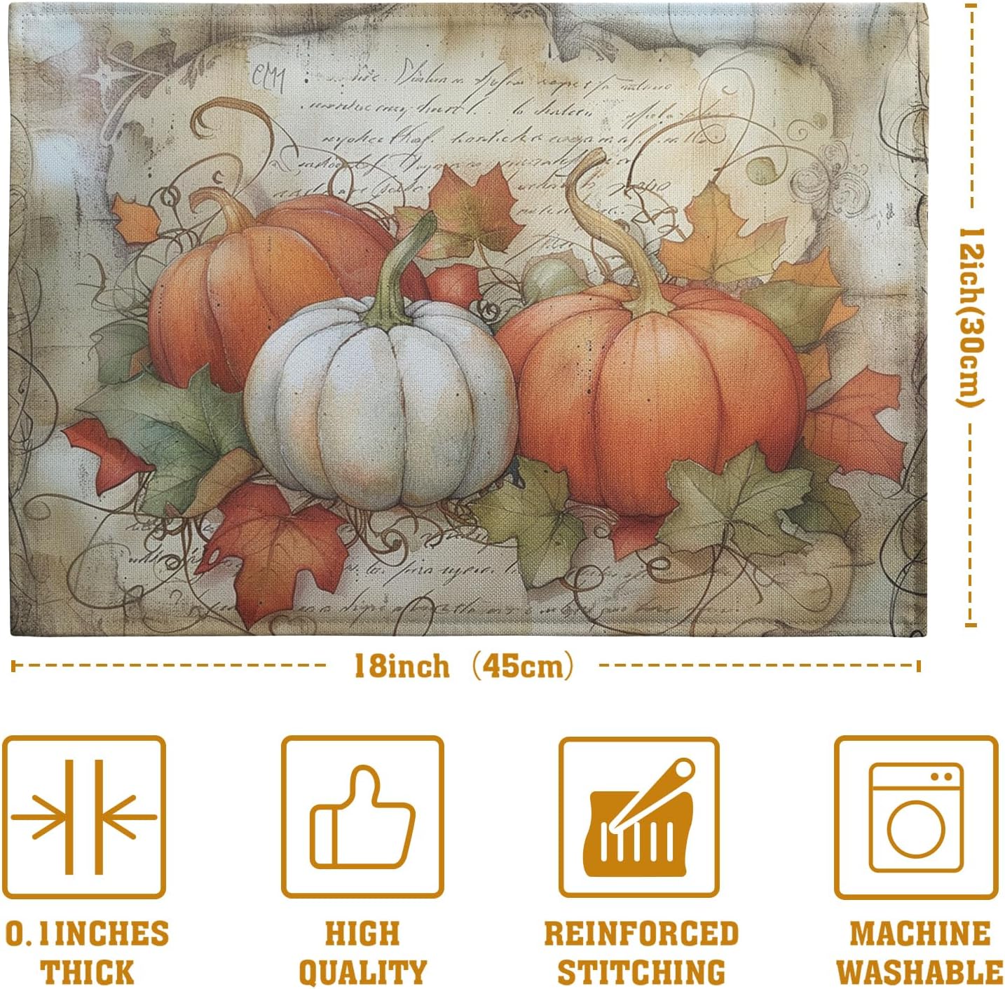 Fall Pumpkin Maple Leaf Placemats Set of 4, 12x18 Inch Vintage Autumn Harvest Rustic Leaves Table Mats Seasonal Fall Thanksgiving Washable Linen Fabric Place Mats for Party Kitchen Dining Decor