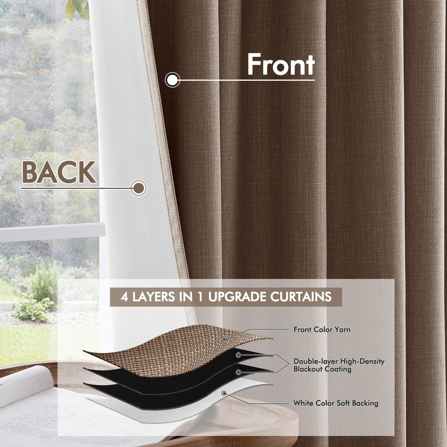 MIULEE 100% Blackout Curtains 120 Inch Long 2 Panels Set for Bedroom, Thick Faux Linen Black Out Curtain Room Darkening Back Tab Pleat Window Textured Drapes with Hooks for Living Room, Dutch Cocoa