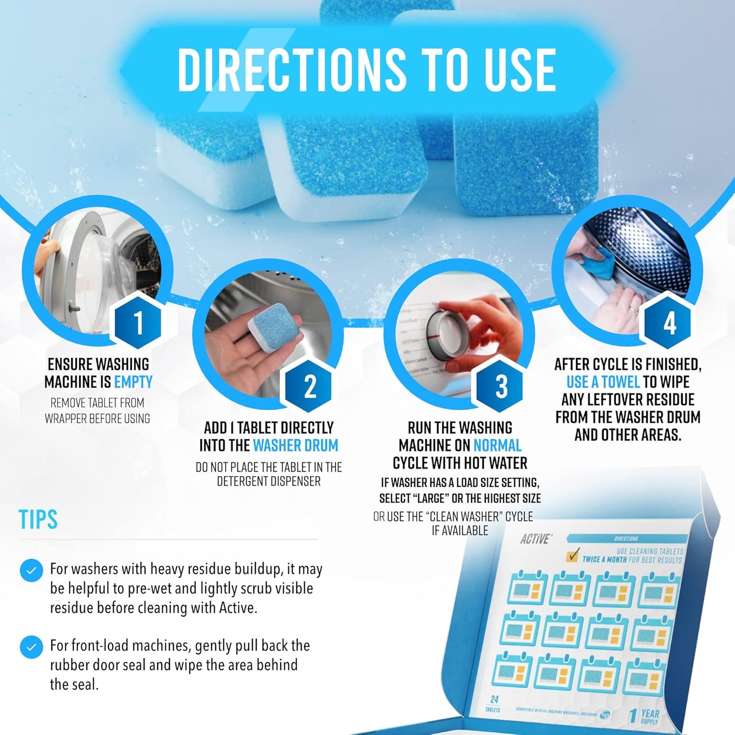 Washing Machine Cleaner Descaler 24 Pack - Deep Cleaning Tablets For HE Front Loader & Top Load Washer, Septic Safe Eco-Friendly Deodorizer, Clean Inside Drum and Laundry Tub Seal - 12 Month Supply