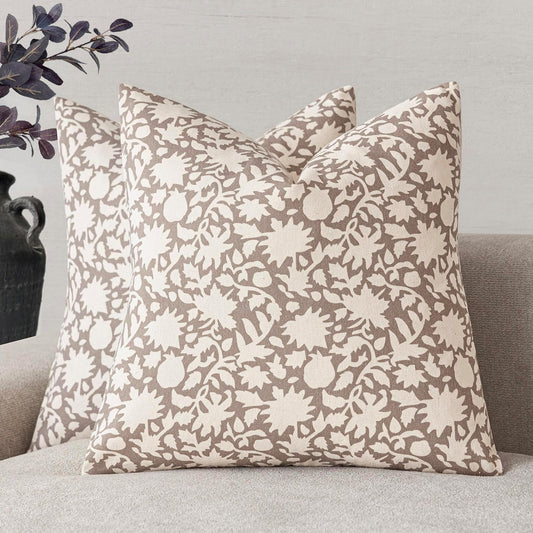 Foindtower Set of 2 Decorative Neutral Floral Throw Pillow Covers Accent Farmhouse Cushion Covers Boho Vintage Pillowcase for Couch Sofa Bedroom Living Room Home Decor Outdoor,20×20 Inch,Tan