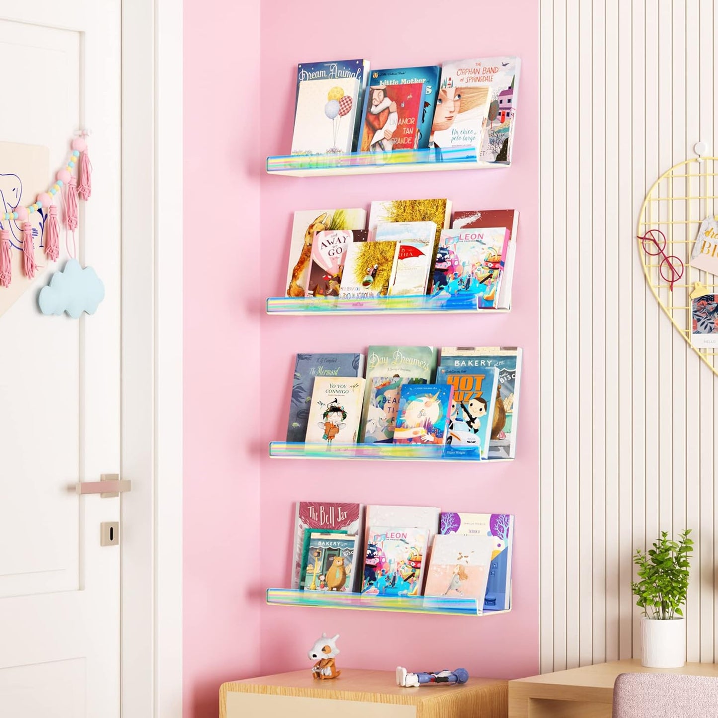 upsimples Acrylic Shelves for Wall Decor, 15" Display Shelf for Perfume, Skincare, Nail Polish, Wall Organizer for Bathroom, Bedroom, Living Room, Playroom, Kids Bookshelf, Iridescent, 2 Pack