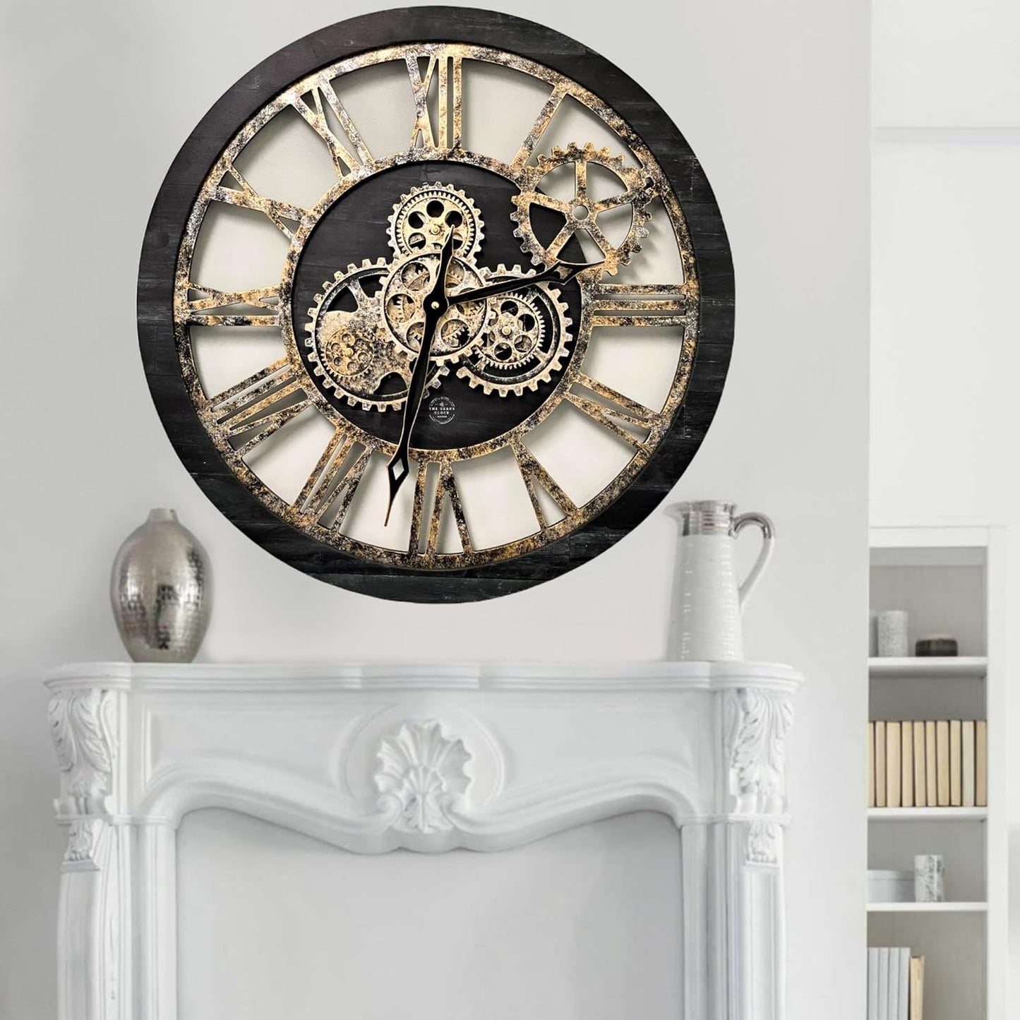 The Gears Clock The Original Real Moving Gear Wall Clock Vintage Industrial Oversized Rustic Farmhouse (24 inch (60cm), Vintage Black Wood and Bronze)
