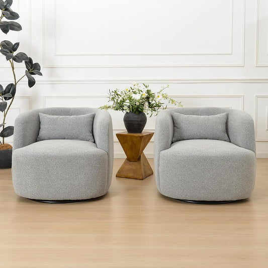 KINWELL 34" Wide Sherpa Swivel Barrel Chairs Set of 2, No Assembly Round Boucle Upholstered Accent Chairs Armchairs Single Sofa Chair with Toss Pillow for Living Room and Bedroom, Gray