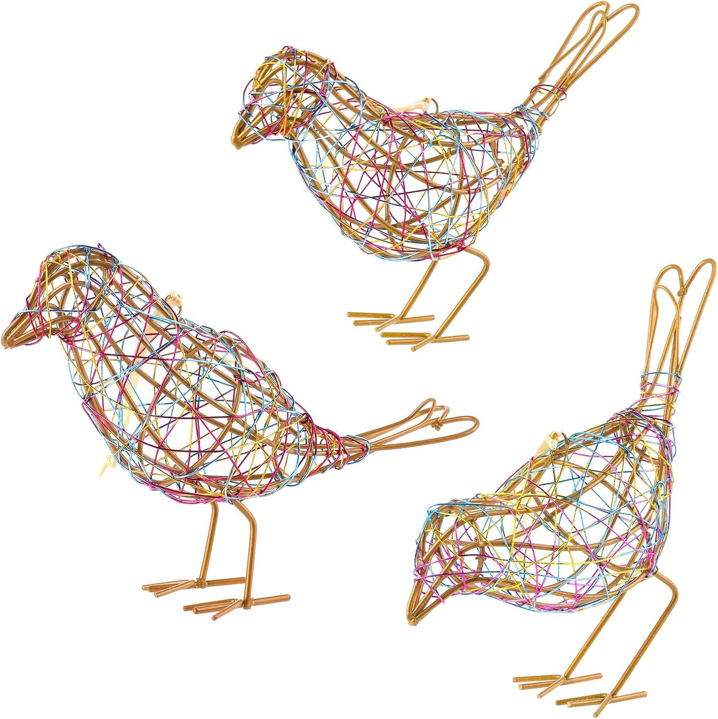Modern Table Decor Set of 3 - Handmade Metal Bird Sculptures with Colorful Wire Weaving, Multi-Pose Rustic Home Accent & Christmas Tree Ornaments
