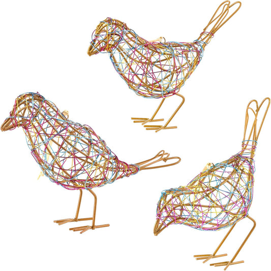 Modern Table Decor Set of 3 - Handmade Metal Bird Sculptures with Colorful Wire Weaving, Multi-Pose Rustic Home Accent & Christmas Tree Ornaments