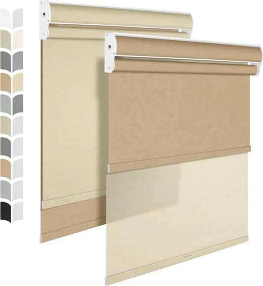 BERISSA Cordless Dual Roller Shades with Cassette Valance, Double Window Shades - Blackout and Light Filtering, Day and Night for Home Office Door. Linen Beige. 43 W x 56" H