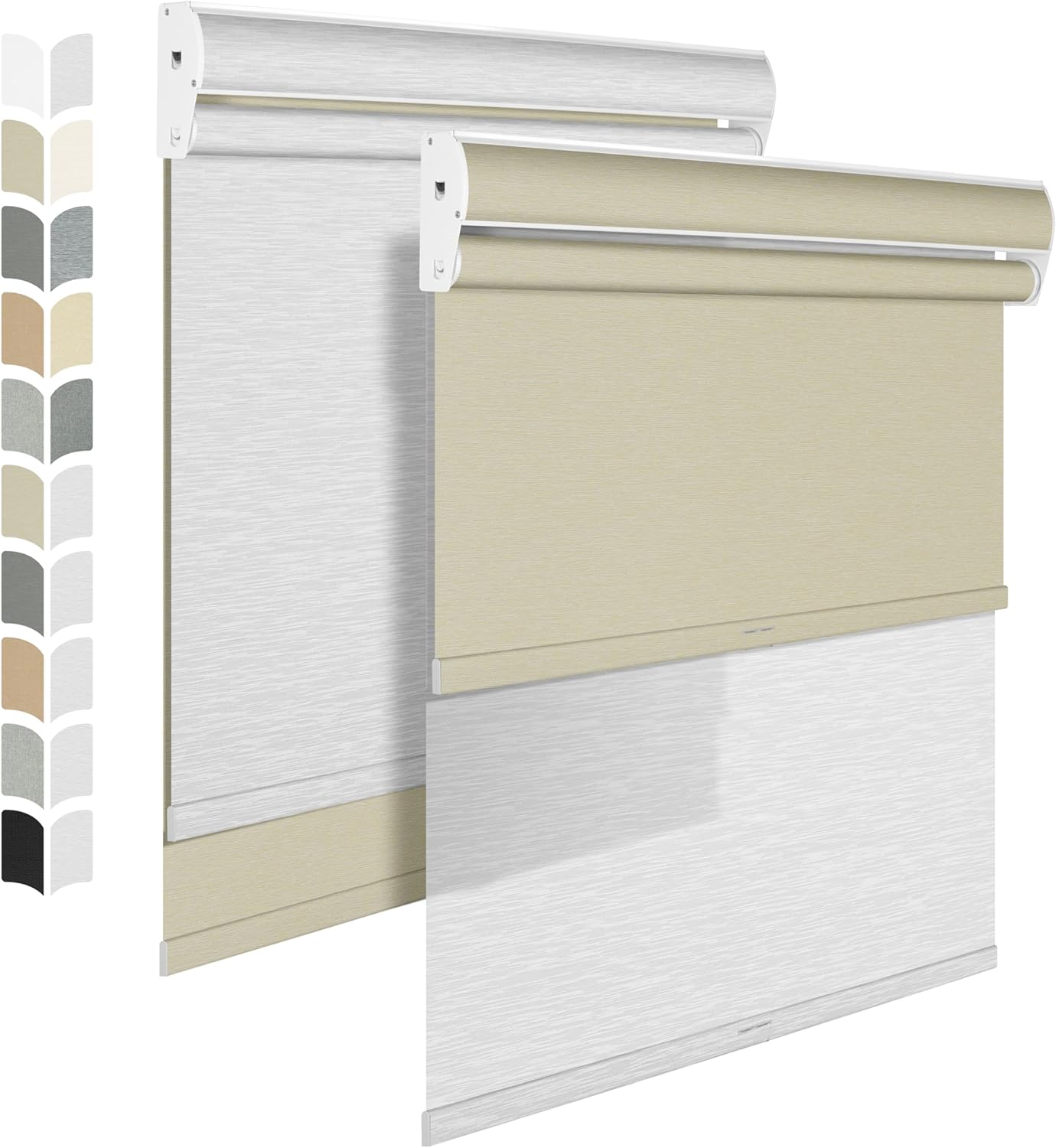 BERISSA Cordless Dual Roller Shades with Cassette Valance, Double Window Shades - Blackout and Light Filtering, Day and Night Rollers for Home Office Door - Beige and White - 59 W x 56" H