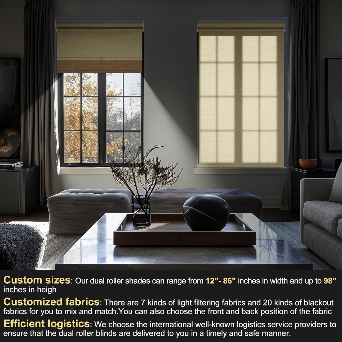 BERISSA Cordless Dual Roller Shades with Cassette Valance,Double Window Shades Blackout and Light Filtering Shades,Day and Night Roller Shades for Home Office Door.Linen Beige.66 W x 36" H