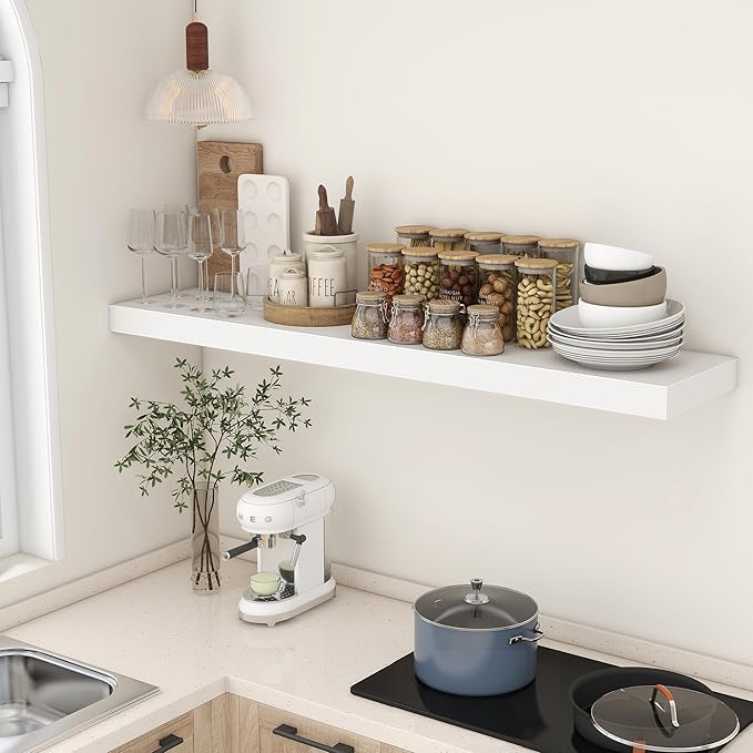 White Floating Shelves for Wall - 55 Inch Wide x 12 Inch Deep Wall Shelves Set of 1 - Rustic White Wood Shelves for Living Room, Bathroom, Laundry Room, Bedroom, Kitchen, Home Office