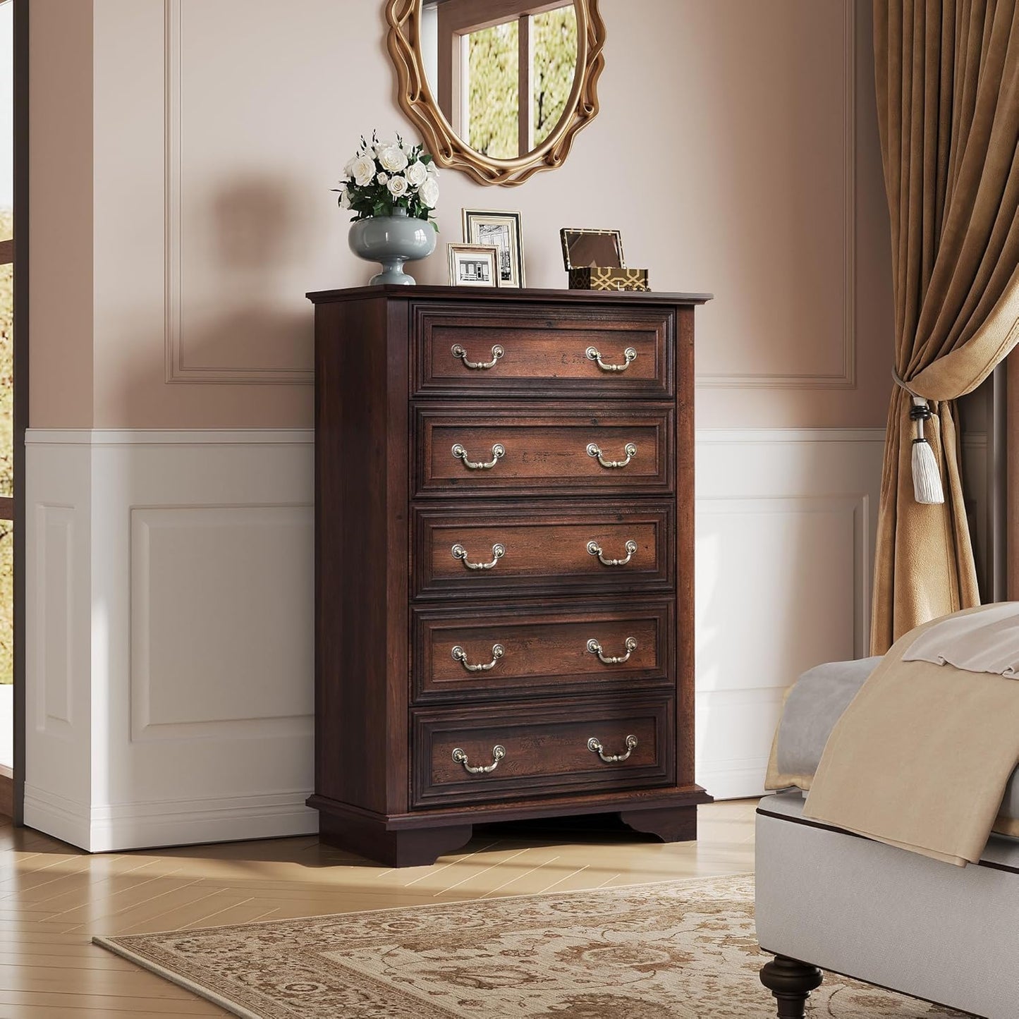 WLIVE Farmhouse Dresser for Bedroom, Tall Wood Dresser with 5 Drawer, Chest of Drawers with Roman Metal Handle for Living Room, Hallway, Closet, Brown