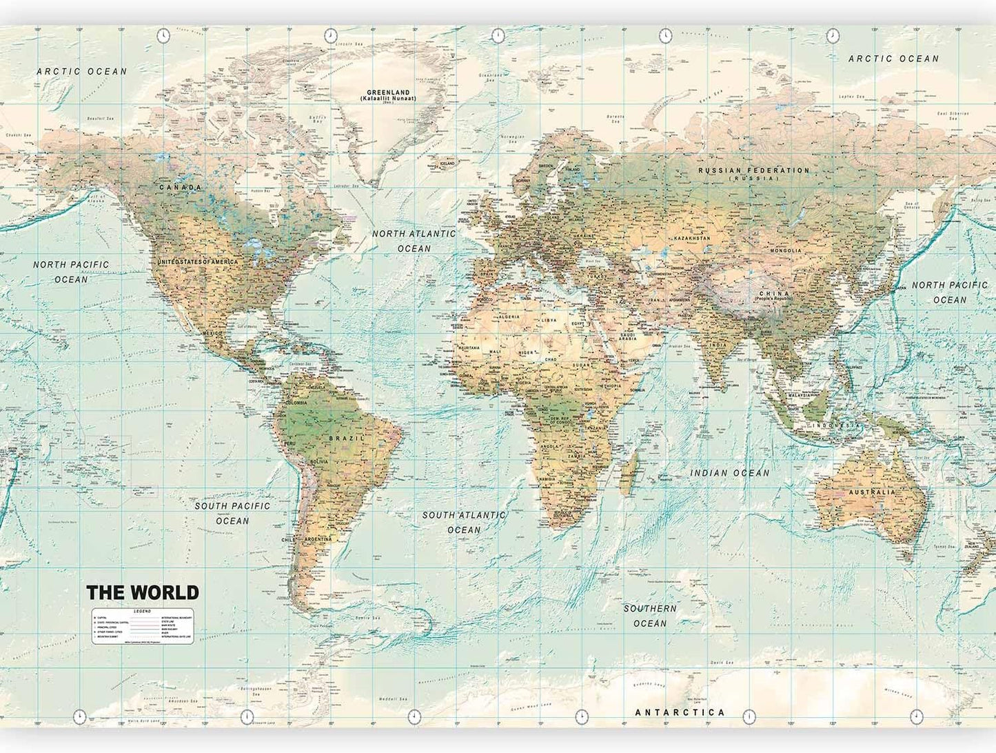 artgeist Premium Wall Mural World Map 177x124 in - XXL Non-Woven Wallpaper Fleece Wall Decor Photo Print Picture Image Design Home Map of The World k-A-0091-a-d