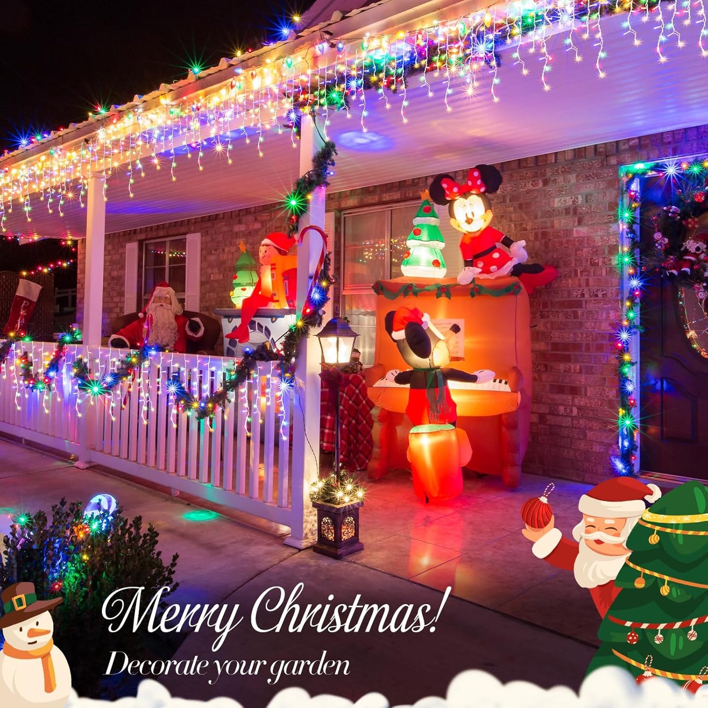 JMEXSUSS Icicle Christmas Lights, 200 LED Multicolor Indoor Outdoor Waterproof, 8 Modes Decorations for Xmas Roof Party Holiday