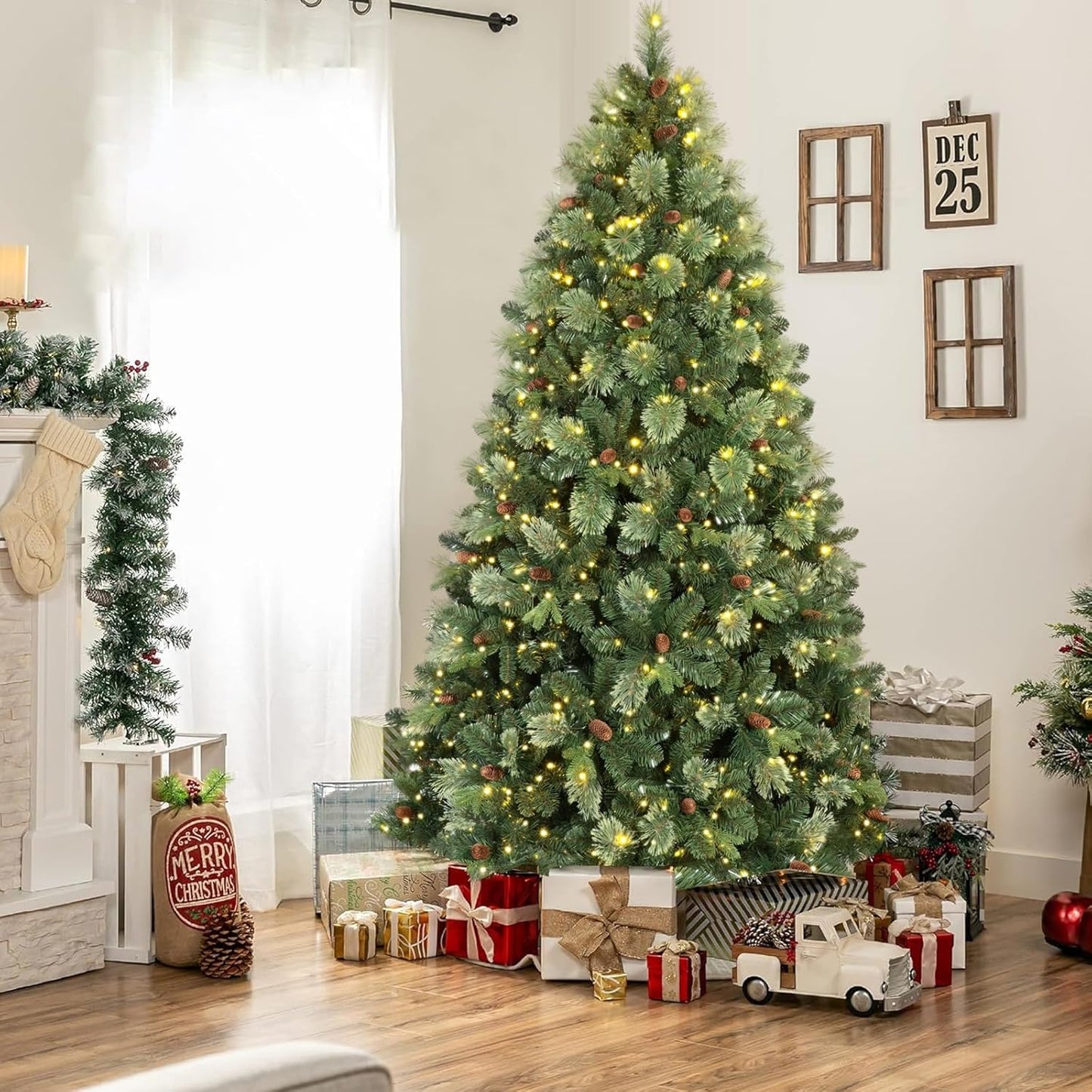 Kadunmina 4ft Prelit Christmas Tree, Artificial Carolina Pine Christmas Tree with 200 Warm White Lights, Pine Cones, 419 Branch Tips and Metal Stand for Home, Office, Holiday Party Decoration