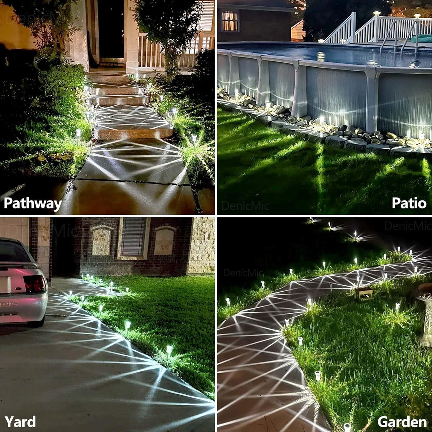 DenicMic Solar Lights Outdoor 10 Pack Waterproof 6000K Cold White LED Stainless Steel Stake for Pathway Yard Garden Driveway Solar Powered Outside Decor