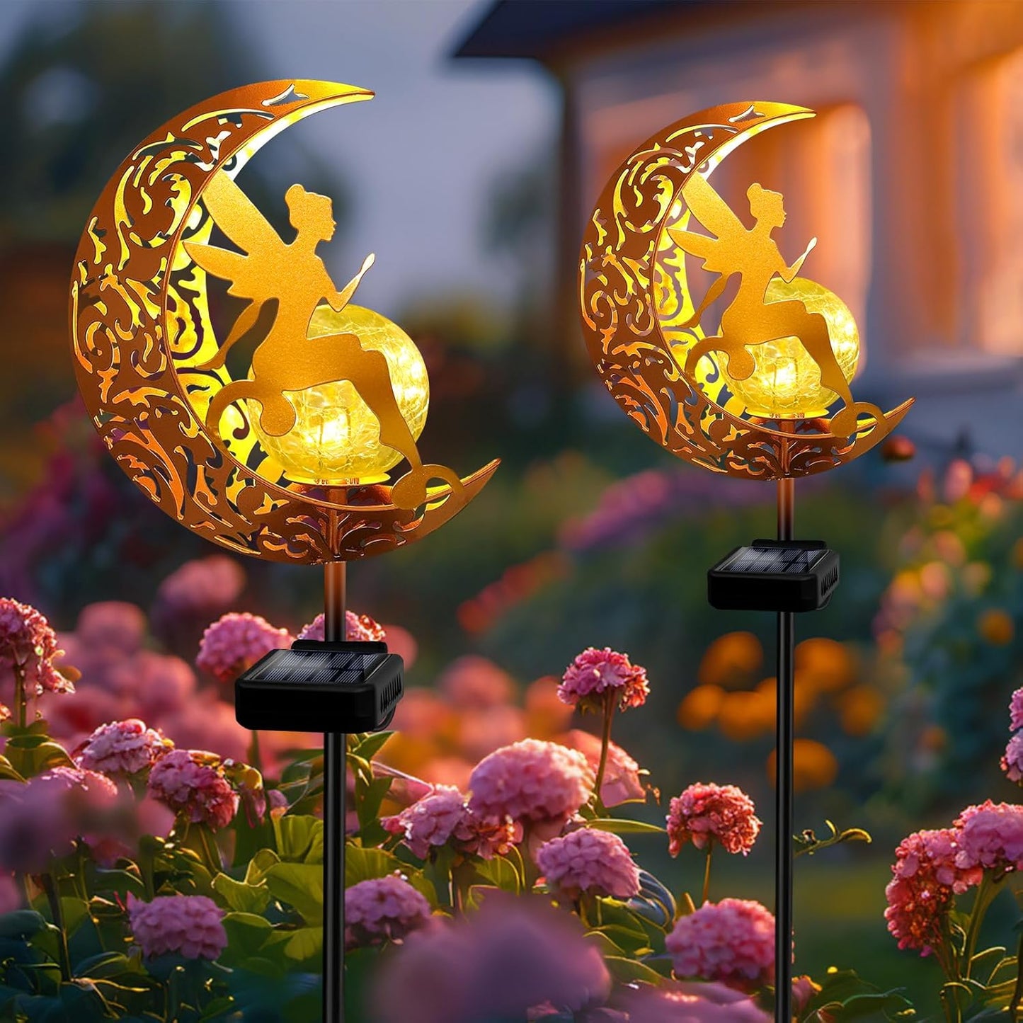YJFWAL 2 Pack Garden Solar Lights Pathway Stake Lights Moon Fairy Glass Globe with Angel Decor, Gardening Birthday Gift for Mom Grandma Friends, Outdoor Decor Light Waterproof for Walkway, Yard, Patio