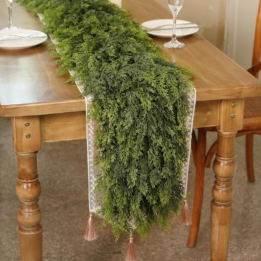 9FT Real Touch Cedar Garland - Artificial Christmas Garland Fake Green Faux Thick and Lush Pine Needles Garlands for Table Fireplace Mantle Holiday Home Indoor Outdoor Decor (2PCS)