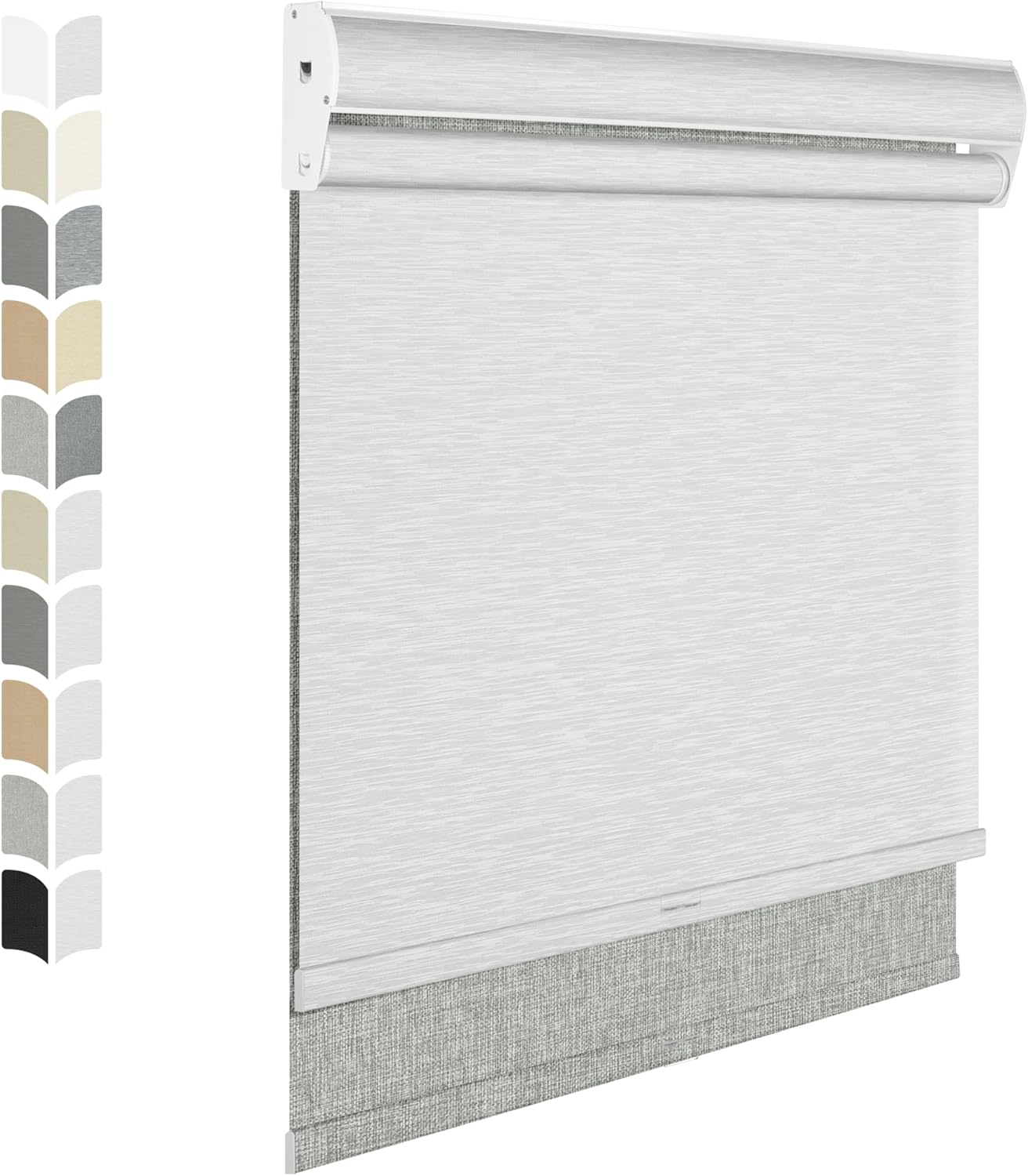 BERISSA Cordless Dual Roller Shades with Cassette Valance, Double Window Shades - Blackout and Light Filtering, Day and Night for Home Office Door. Linen Grey and White. 44 W x 86" H