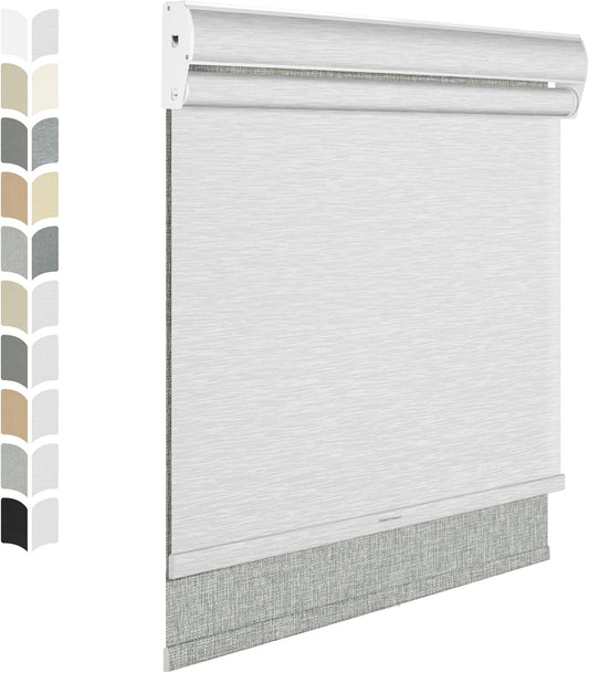 BERISSA Cordless Double Roller Shades with Cassette Valance, Dual Blackout/Light Filtering Day & Night Shades - Linen Grey & White, 66W x 56H
