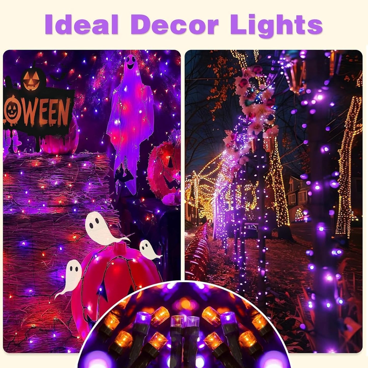 4-Pack Solar String Lights,156Ft Extra-Long 400 LED Waterproof Solar Halloween Lights, 8 Modes for Garden, Patio, Wedding (Purple & Orange)