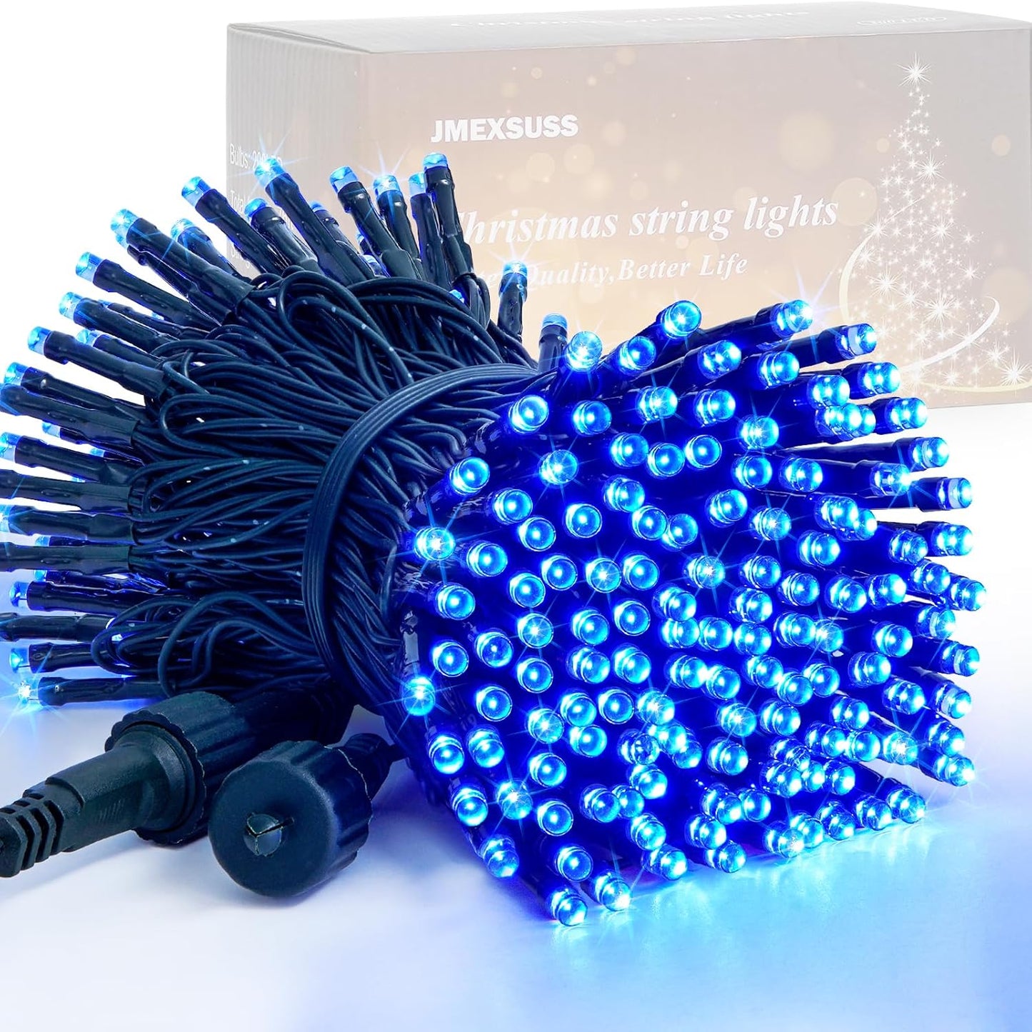 JMEXSUSS 200 LED Blue Christmas Lights Outdoor, Expandable 66ft Christmas String Lights Green Wire, 8 Modes Twinkle Xmas Tree Light Plug in for Party Indoor Ceiling Beroom Patio Fence Yard Decor