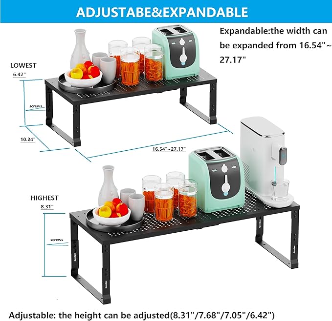 Expandable Spice Rack,Stackable Storage for Cabinet, Multi-Functional Kitchen Shelving,Height-Adjustable,Sustainable Organizer Solution(3Packs/Black/Large)