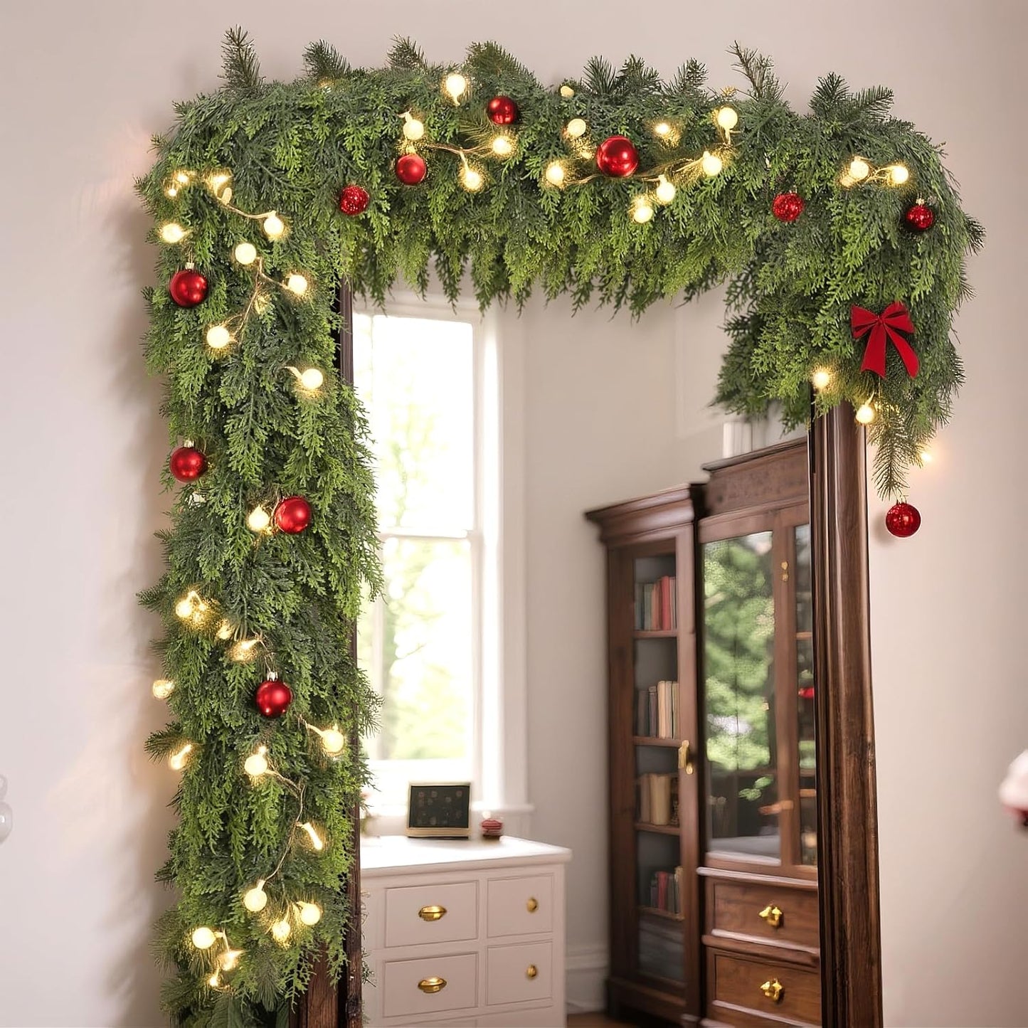 Real Touch Christmas Cedar Garland -16ft Artificial Garlands Faux Cedar Fake Pine Needles Garland for Fireplace,Table,Window,Stairs,Mante,Holiday Indoor Outdoor Xmas Decor(1PCS)