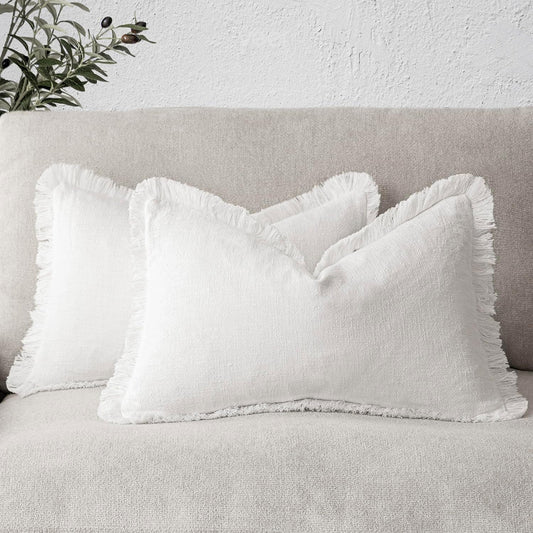 Foindtower Set of 2 Decorative Linen Fringe Throw Pillow Covers Cozy Boho Farmhouse Cushion Cover with Tassels Soft Accent Pillowcase for Couch Sofa Bed Living Room Home Decor,12×24 Inch,White