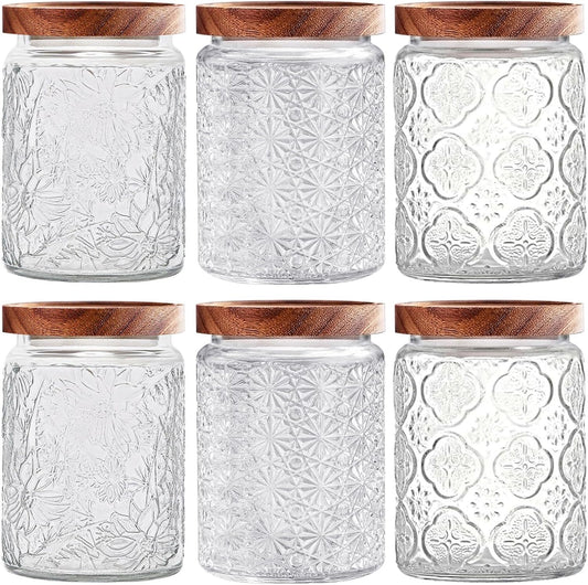 Vintage Glass Jars with Wooden Lids, 6 Pack 24 oz Airtight Glass Food Storage Containers Sets for the Kitchen, Sugar Coffee Candy Spice Cookie Tea Pasta