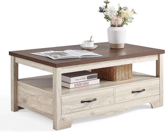 LINSY HOME Farmhouse Coffee Table with Storage, Wood Coffee Table for Living Room, Open Display Area and Storage Drawers with Metal Handles, Chic Style with Curved Base. Oak and Brown