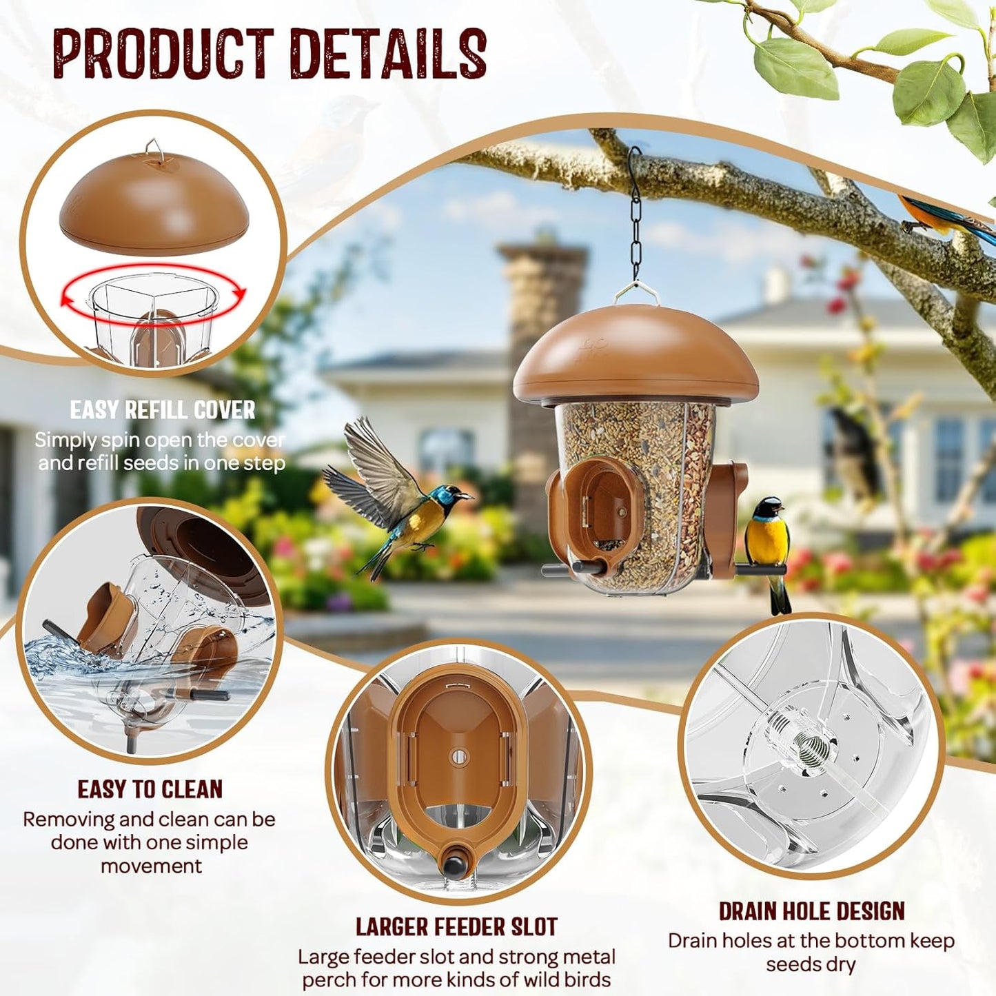 LONA Bird Feeders for Outdoors Hanging – 3 Separate Compartments, 3 Feeding Ports, Weatherproof Dome & 3 Ways to Hang, Large Capacity for Cardinals/Finches (Brown