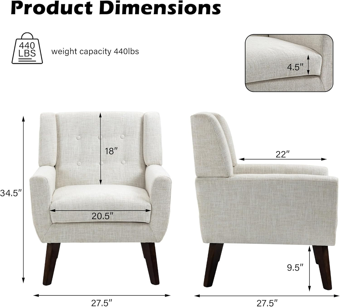 UIXE Accent Chair, Modern Upholstered Armchair in Fabric for Living Room, Comfy Club Arm Chairs Single Sofa Button Tufted Bedroom Reading Seat - Beige, Set of 4