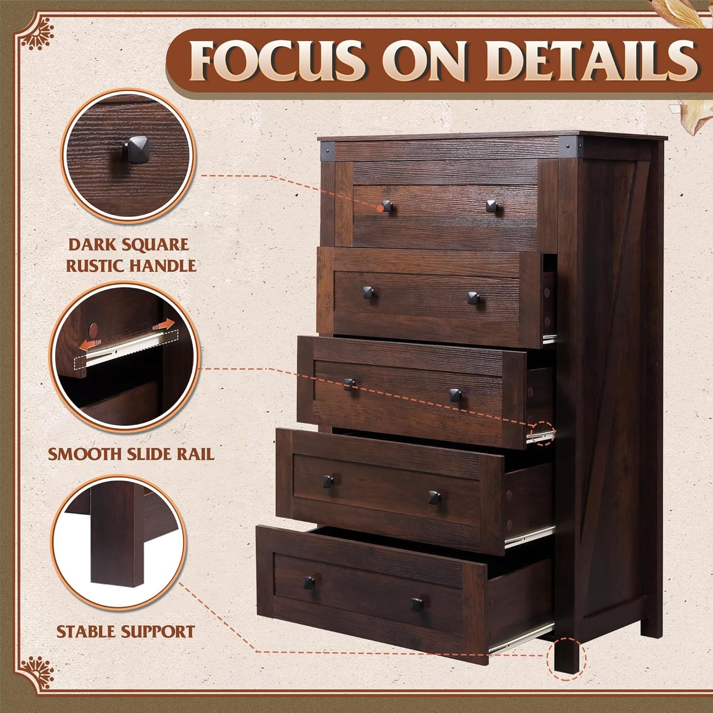 WLIVE Farmhouse Brown Dresser for Bedroom, 5 Drawer Dresser Storage Organizer, Tall Wood Dressers with Double Rustic Handle, Chest of Drawers for Living Room, Hallway, Closet