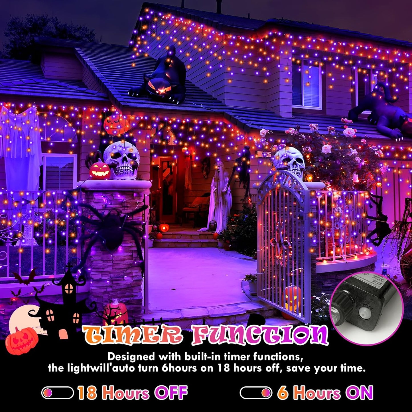Halloween Lights Outdoor Decorations, 640 LED 66FT Orange and Purple Light, 8 Modes Plug in 120 Drops Ice String Lights with Timer Memory Function Hanging Light for Halloween Party Decor