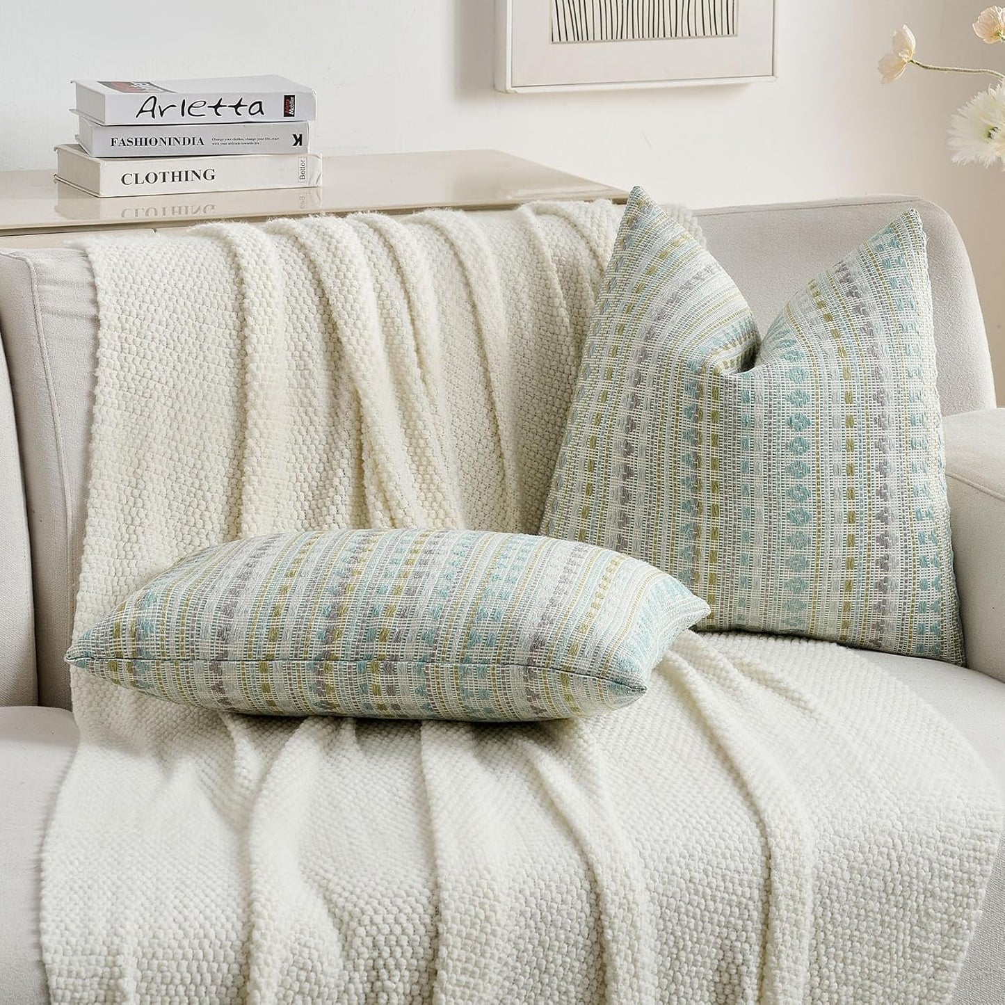 FUTEI Green Blue Decorative Throw Pillow Covers 24x24 Inch Set of 2,Soft Cozy Chenille Jacquard Textured Euro Pillow Shams,Boho Home Decor for Couch Bed Living Room