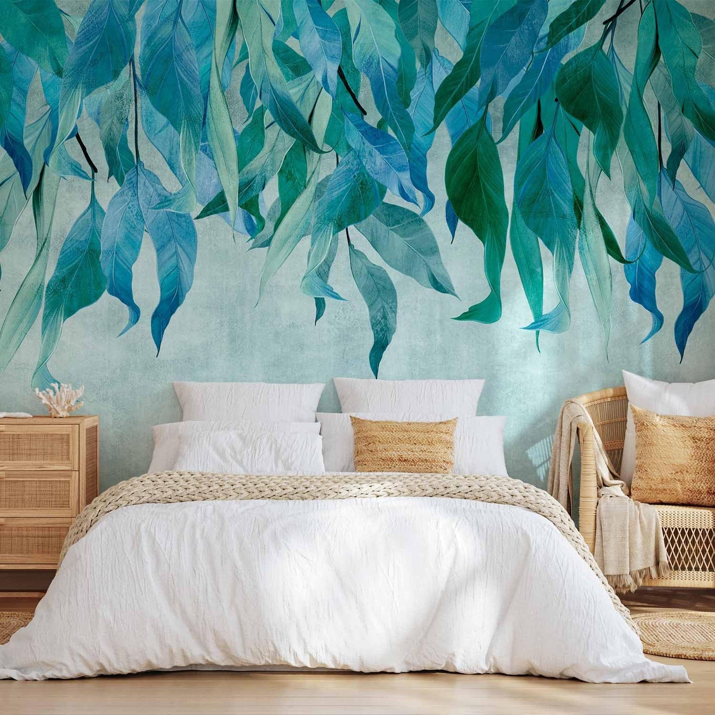 artgeist Wall Mural Hanging Leaves 138x101 in - Non-Woven Wallpaper Fleece Wall Decor Photo Print Picture Image Design Nature Botanical Concrete Green Blue b-C-10146-a-b