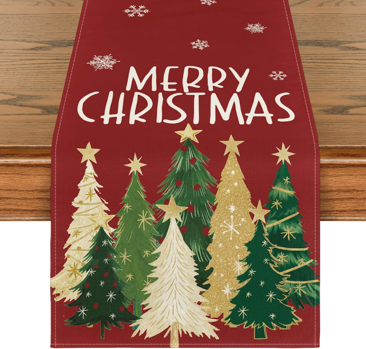 Artoid Mode Xmas Trees Snowflakes Red 210 GSM Merry Christmas Table Runner, Winter Kitchen Dining Table Decoration for Home Party Decor 13x72 Inch
