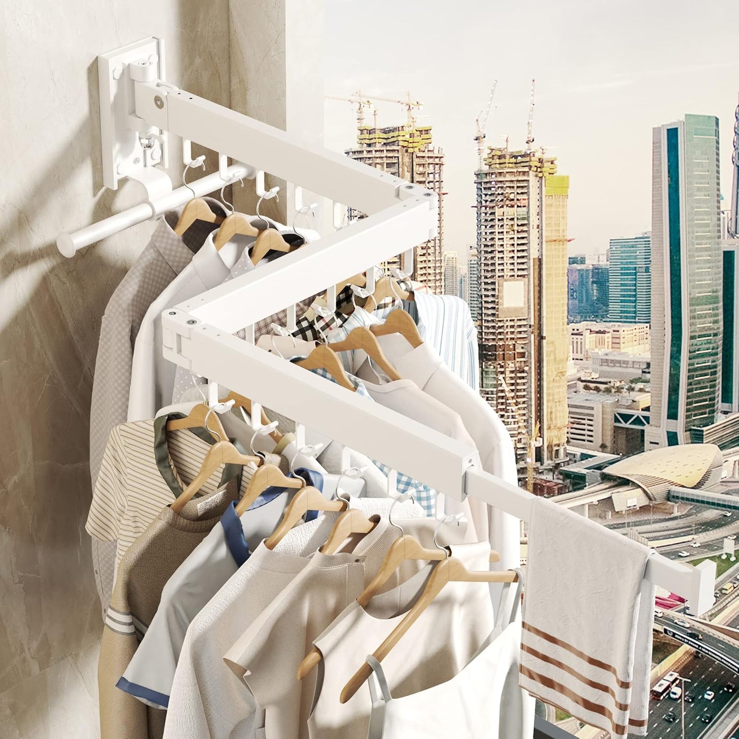 Wall Mounted Clothes Hanger Rack, Clothes Drying Rack,Laundry Drying Rack,Collapsible Clothes Rack Wall Mount, Retractable Drying Rack Clothing,can Fold Upward & Left & Right,White Color
